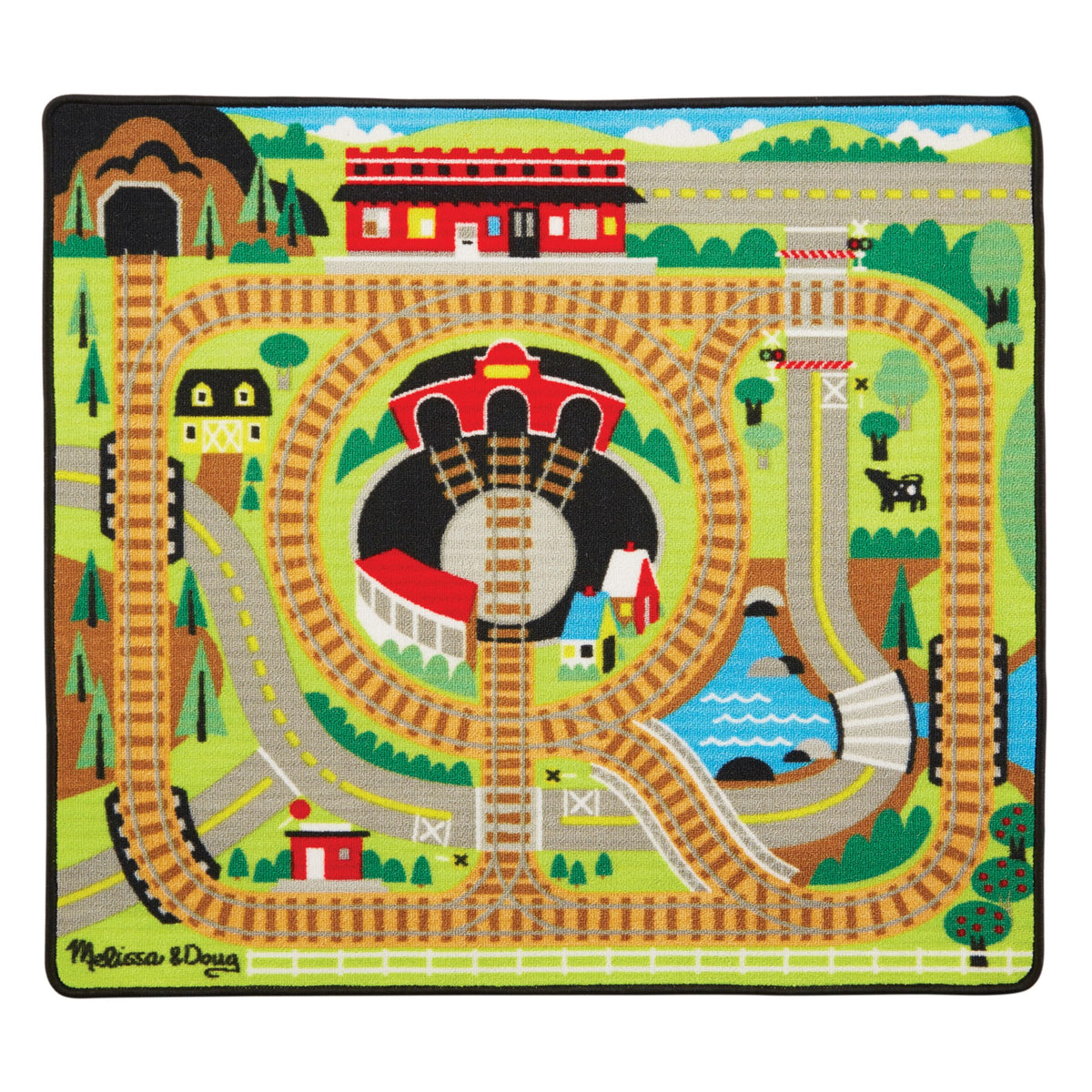 Melissa & Doug Round the Rails Train Rug with 3 Linking Wooden Train Cars (39 x 36 inches)
