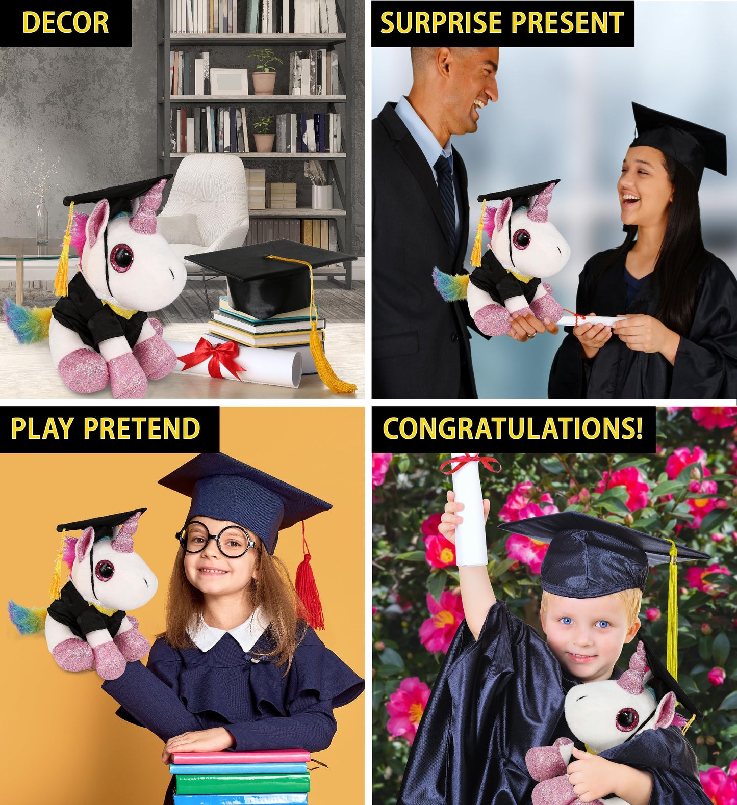 DolliBu Sparkle Eyes White Unicorn Graduation Plush Toy - Super Soft Graduation Stuffed Animal Dress Up Gown and Cap with Tassel with Personalization