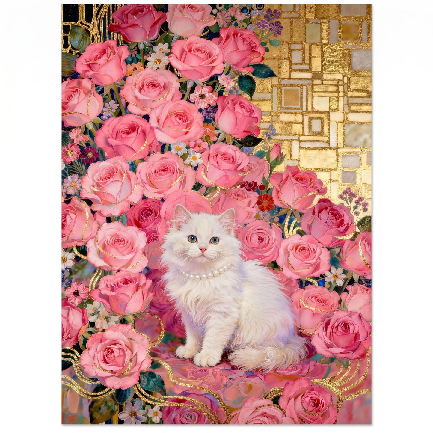1000 Piece Puzzle for Adults, Elegant White Persian Cat with Pink Roses & Gold Art Nouveau Design, Premium Matte Finish, Thick Blue Cardboard, Perfect