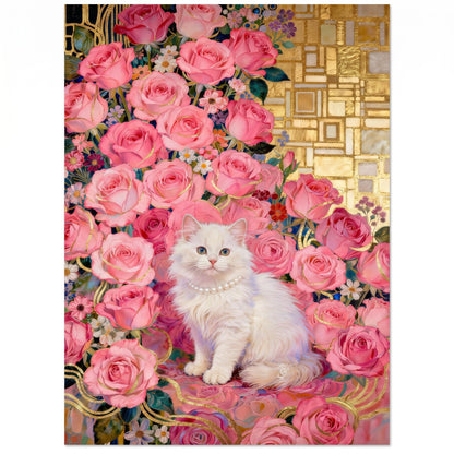 1000 Piece Puzzle for Adults, Elegant White Persian Cat with Pink Roses & Gold Art Nouveau Design, Premium Matte Finish, Thick Blue Cardboard, Perfect