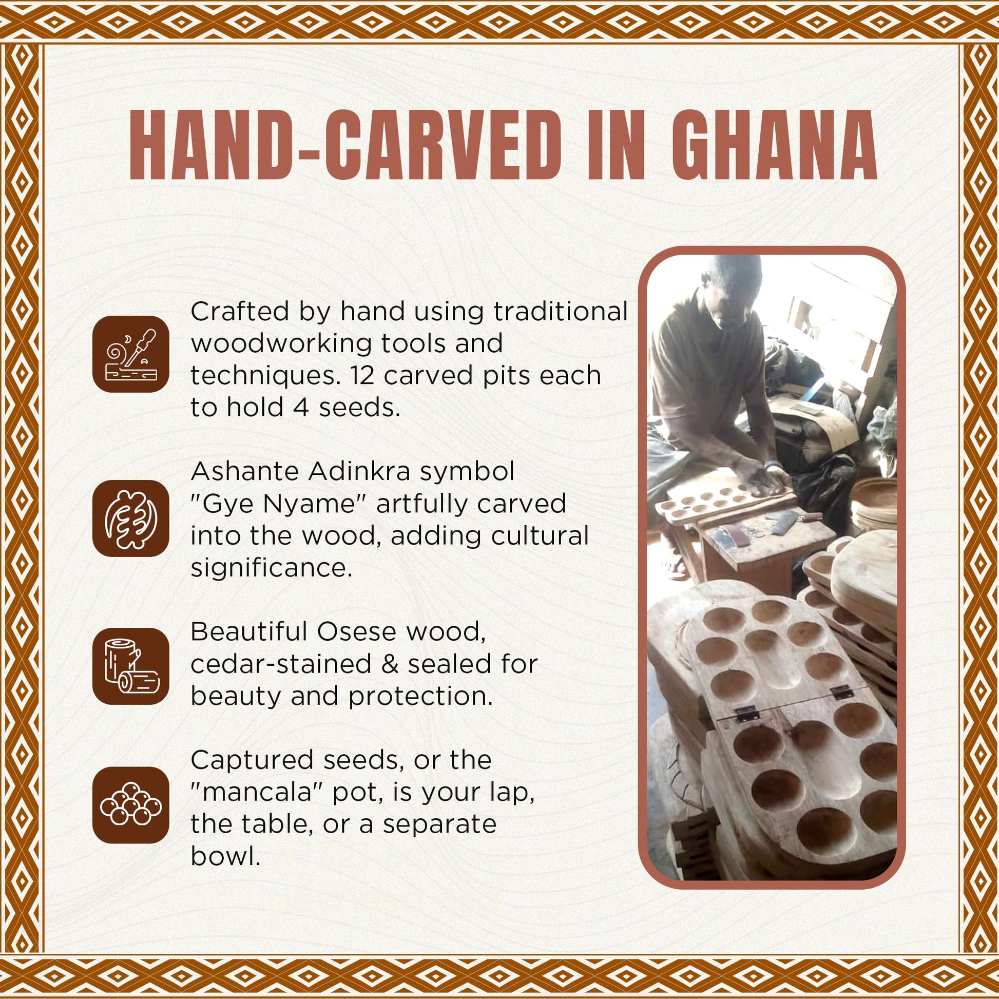 Africa Heartwood Project African Oware Mancala Board - Extended Size, Hand-Carved Solid Wood with Elephant Design, Wooden Folding Mancala 21" Board