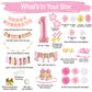 1st Birthday Girl Decorations WITH Birthday Crown- Baby First Birthday Decorations Girl - Pink and Gold Party Supplies - One Balloon, Heart