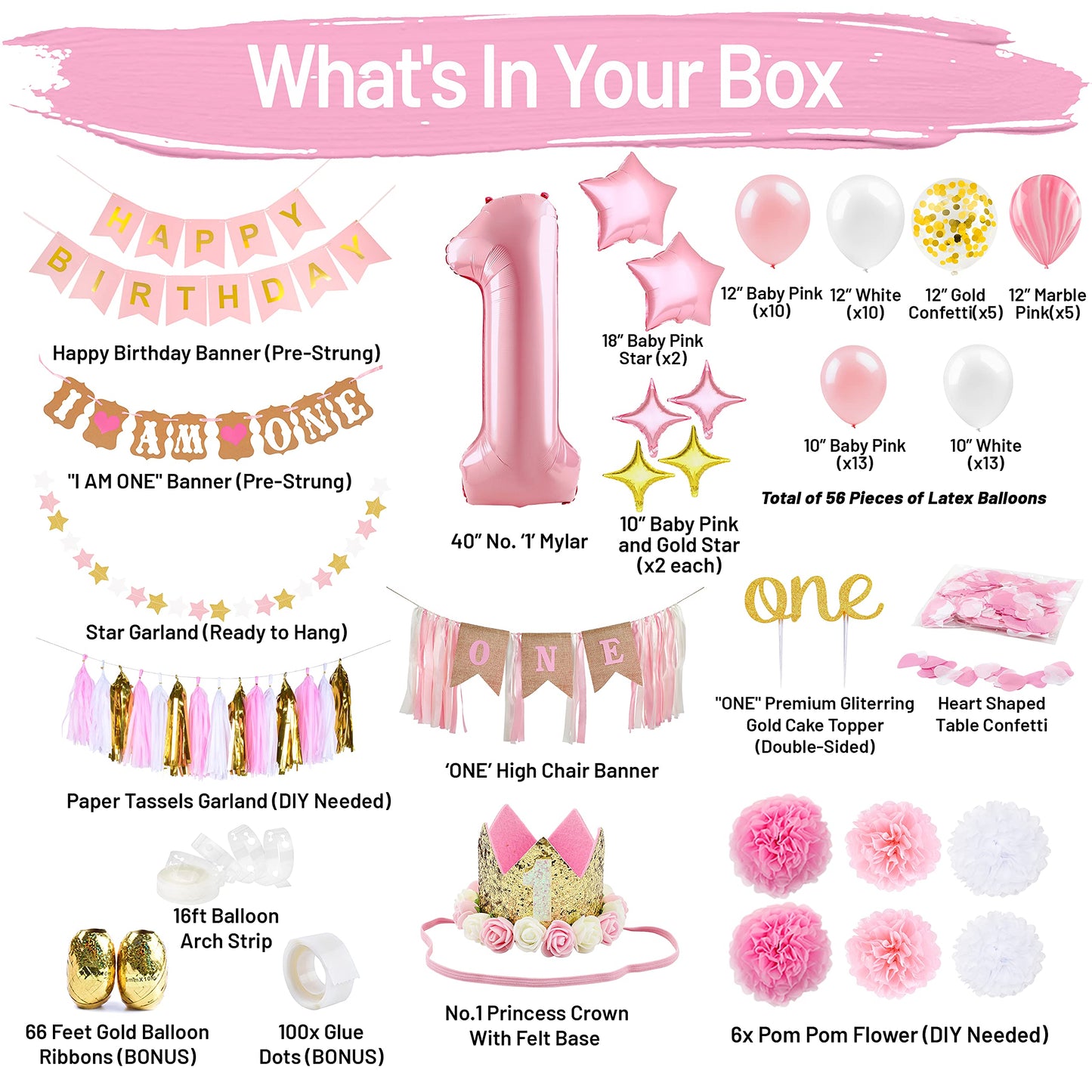 1st Birthday Girl Decorations WITH Birthday Crown- Baby First Birthday Decorations Girl - Pink and Gold Party Supplies - One Balloon, Heart