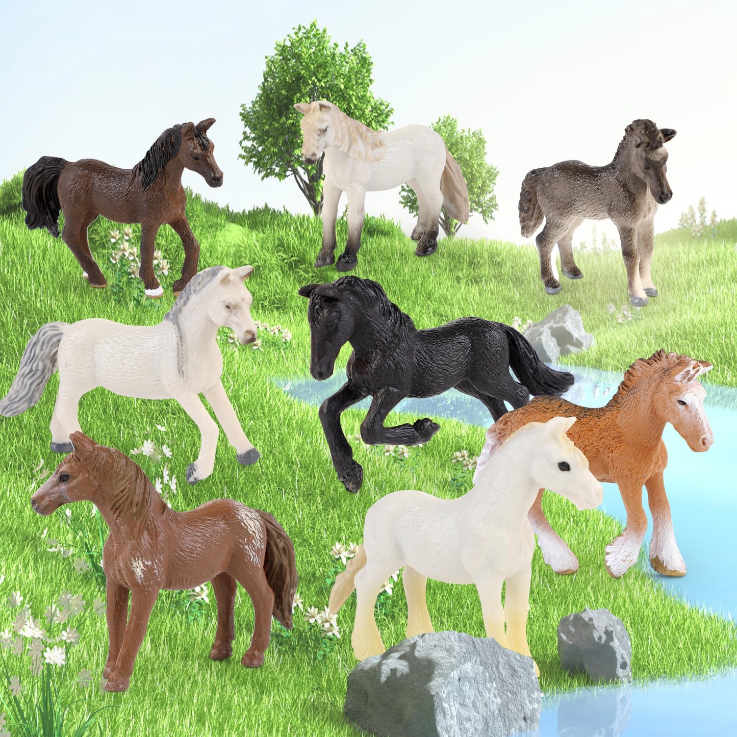 Liberty Imports 12 Pcs Deluxe Plastic Horse Figure Toy Set for Kids - Realistic Miniature Toy Pony Figurines Bulk Animal Variety Cake Toppers Gift