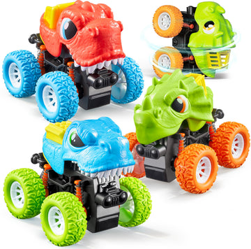 lalalark JOVA Dinosaur Toys for 2 3 4 5 Year Old Boys - 3 Pack Monster Truck Toys with Friction Power 360° Rotating Push and Go Cars - Toddler Cars