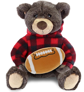 DolliBu Brown Bear Stuffed Animal with Football Plush - Super Soft Huggable Bear with Red Plaid Hoodie, Plush Toy Wildlife Gift for Kids and Adults