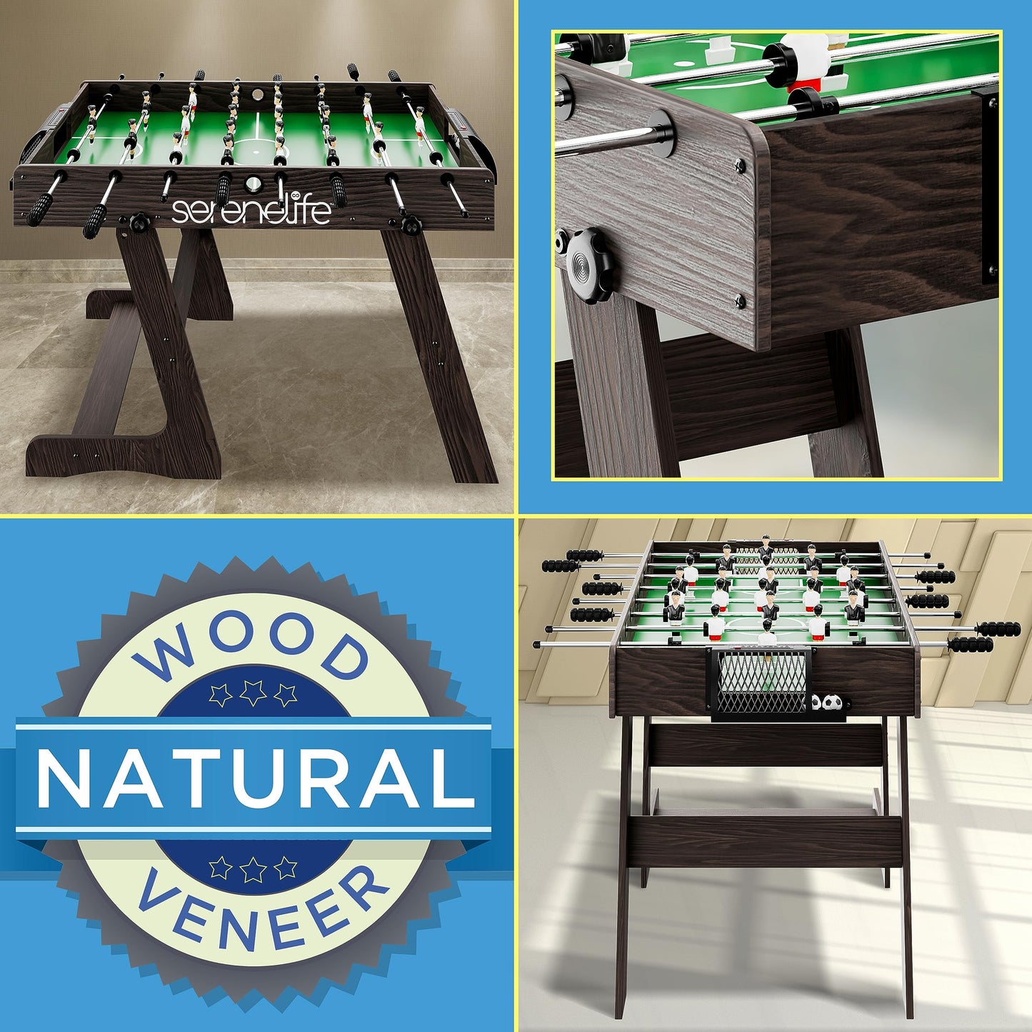 SereneLife Folding Foosball Table, 4’ x 2’ Full Competition Size Foldable Space Saving Table Soccer for Home, Arcade Game Room, for Indoor or Outdoor