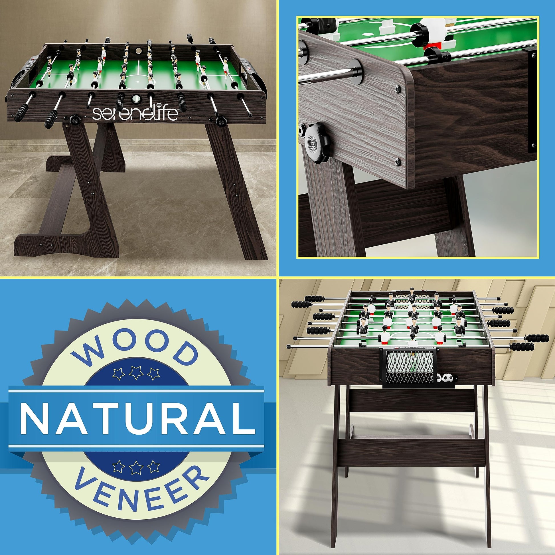 SereneLife Folding Foosball Table, 4’ x 2’ Full Competition Size Foldable Space Saving Table Soccer for Home, Arcade Game Room, for Indoor or Outdoor