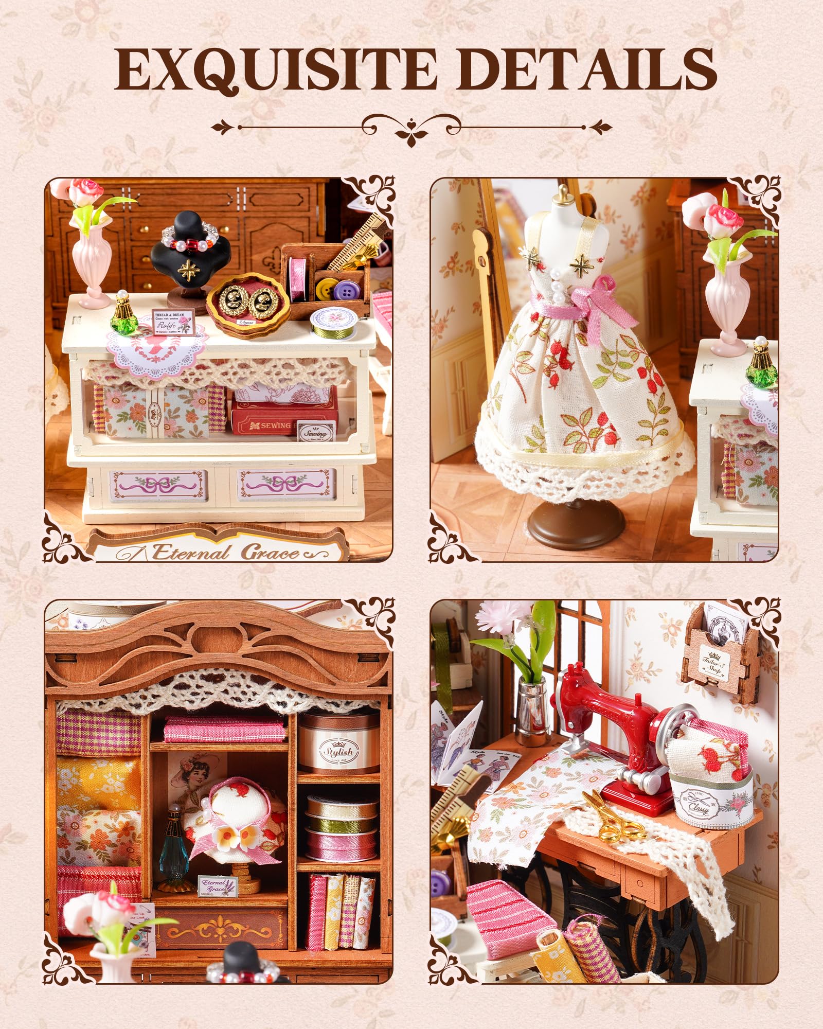 ROBOTIME DIY Miniature House Kit, Elsa’s Tailoring Dollhouse Kit, Mini Wooden Furniture Kit for Adults, Sewing Shop Building Model, Creative Craft
