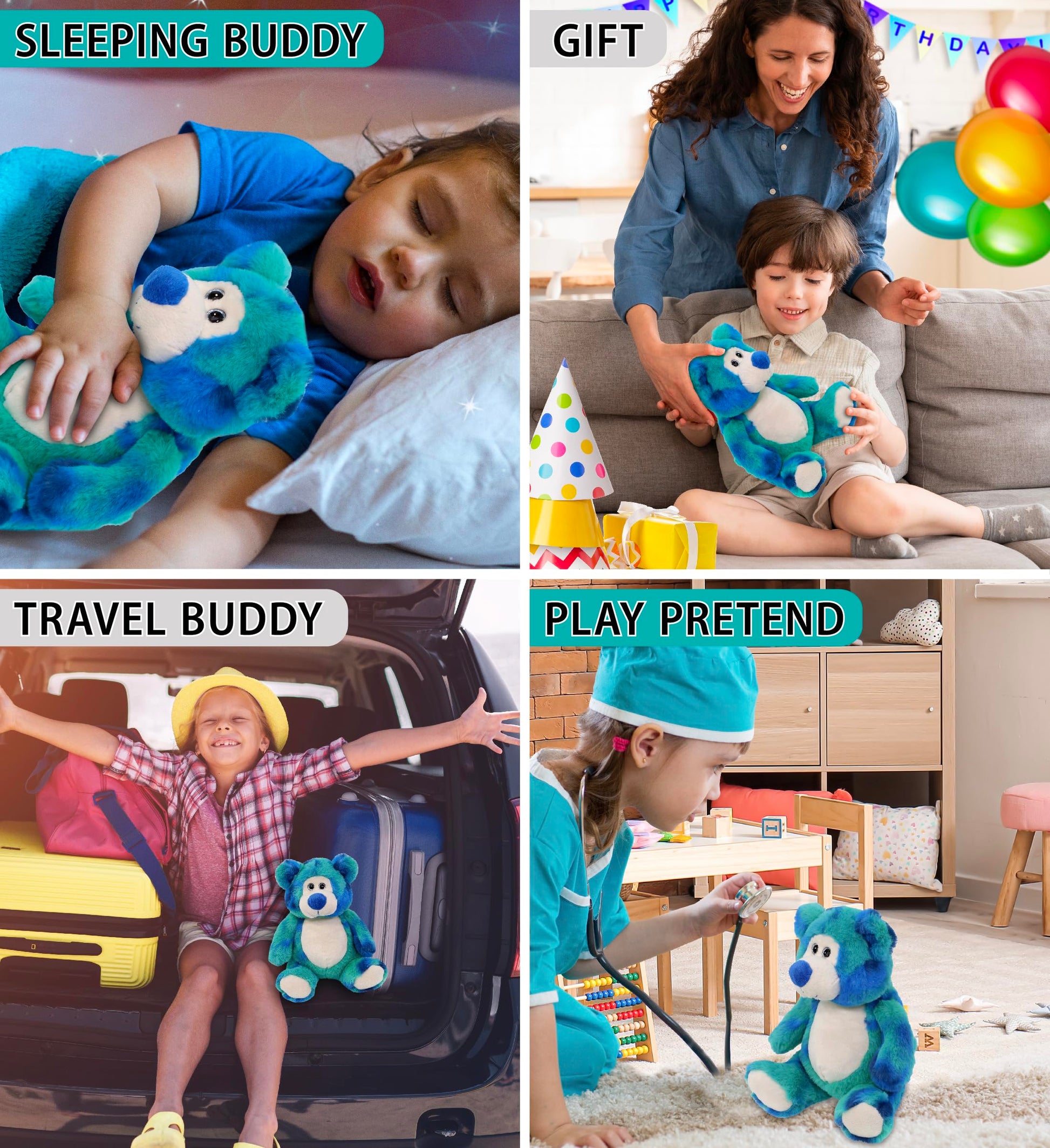 DolliBu Blue Tie-Dye Bear Plush - Super Soft Stuffed Animal, Cute Wild Animal Plush, Adorable Fluffy Stuffed Animal for Boys and Girls, Stuffed