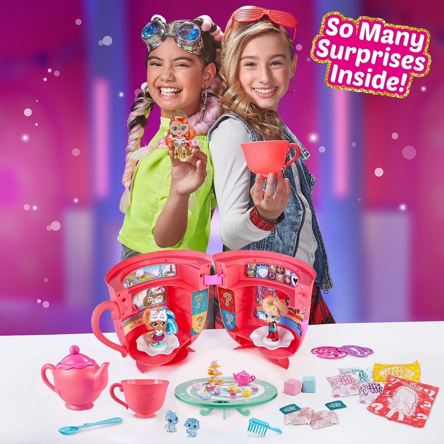 ITTY BITTY PRETTYS Tea Party Surprise Teacup Dolls Playset (Series 1) by ZURU Toys for Girls (Over 25 Surprises) - Kitten and Princess, Pink Large Tea