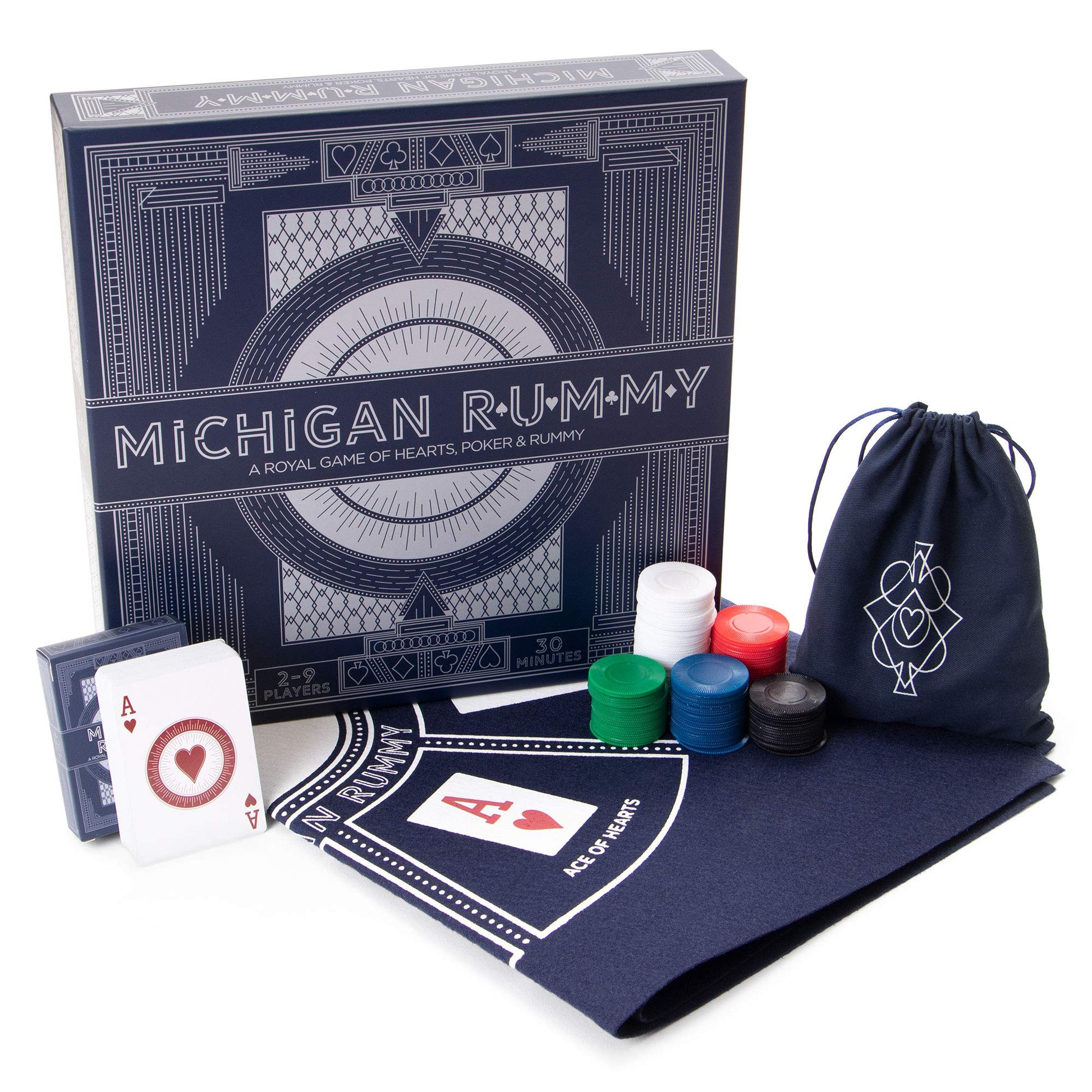Brybelly Michigan Rummy Deluxe Edition - Strategic Mix of Hearts, Rummy, and a Poker Set - Betting & Bluffing Classic Board Games - 24-inch Rummy