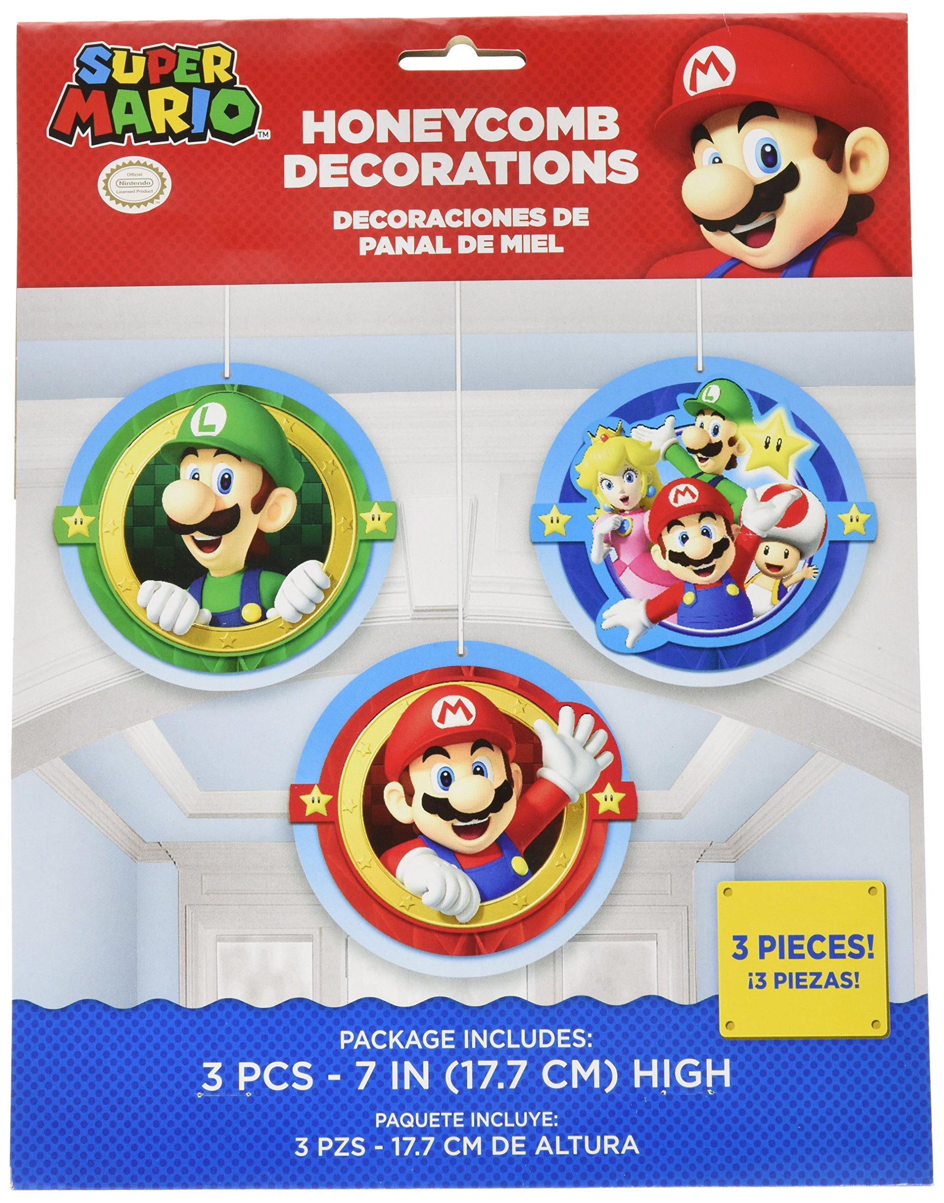 Amscan 291554 Super Mario Brothers™ Honeycomb Decorations, 3 pcs, Party Favor