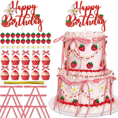 71PCS Strawberry Bow Cake Decorations Set Happy Birthday Strawberry Cake Topper and Cupcake Bows Decorations for Baby Shower Bridal Shower Graduation