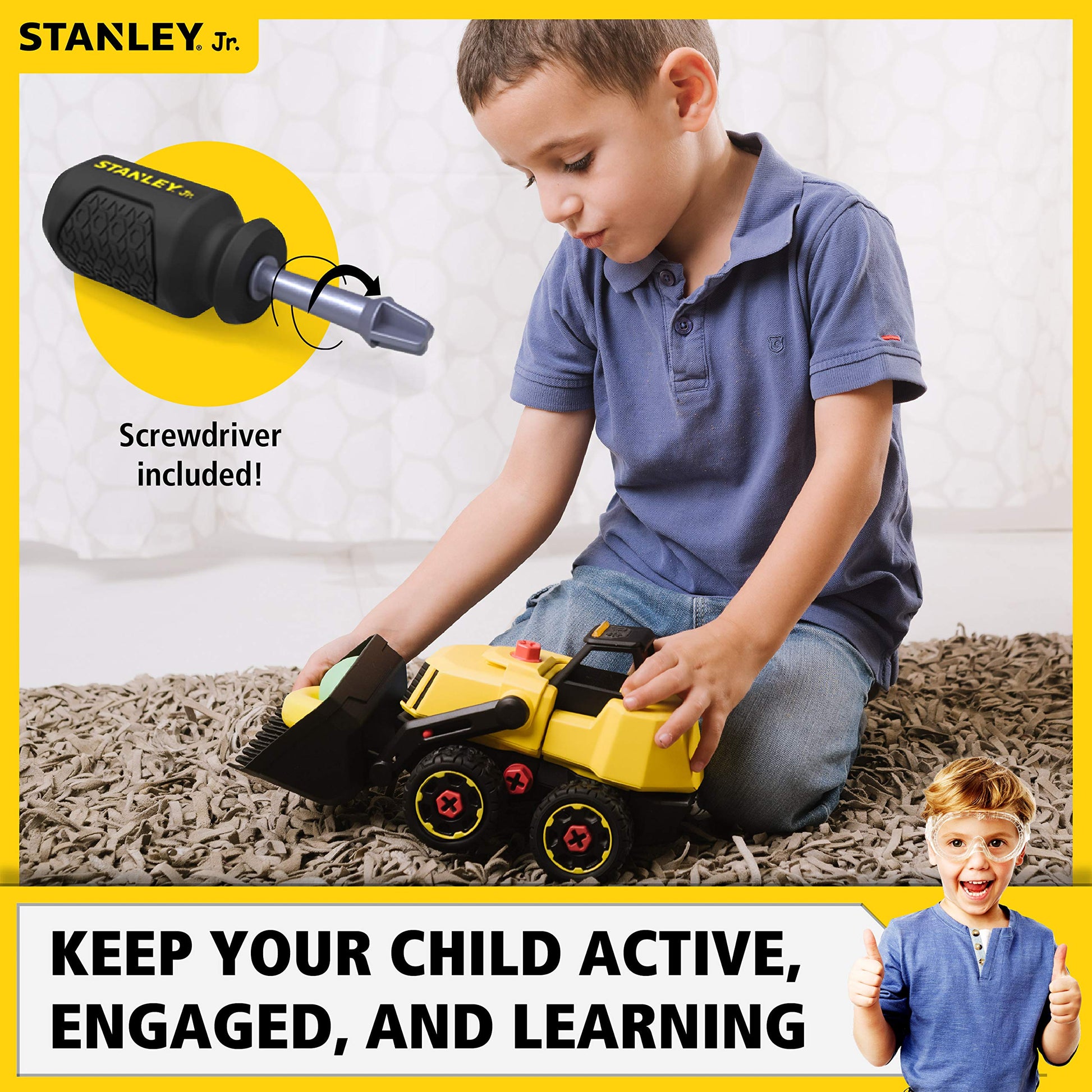 Stanley Jr Take Apart Front Loader Kit for Kids TT002-SY: Children’s 25 Piece Yellow STEM Construction Toy with Figure, Screwdriver, Bolts for Ages 3+