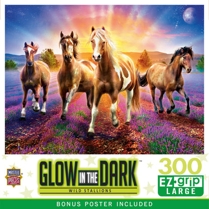MasterPieces - 300 Piece Jigsaw Puzzle with Large EZ Grip Shapes, Glows in the Dark, Wild Stallions, Activity Fun for Adults, Seniors, Family, Kids