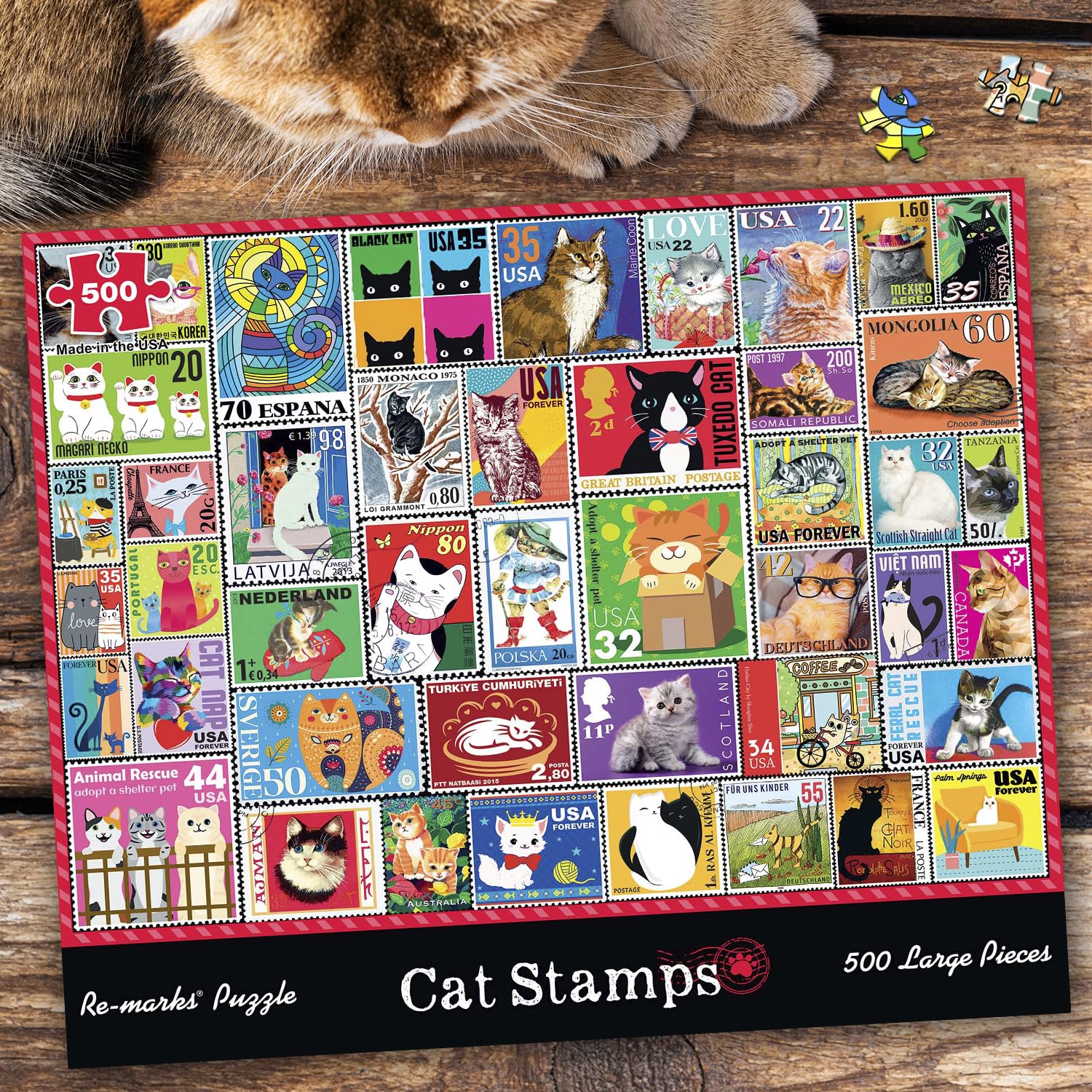 Re-marks Cat Stamps Collage Puzzle, 500 Large Piece Jigsaw Puzzle for All Ages