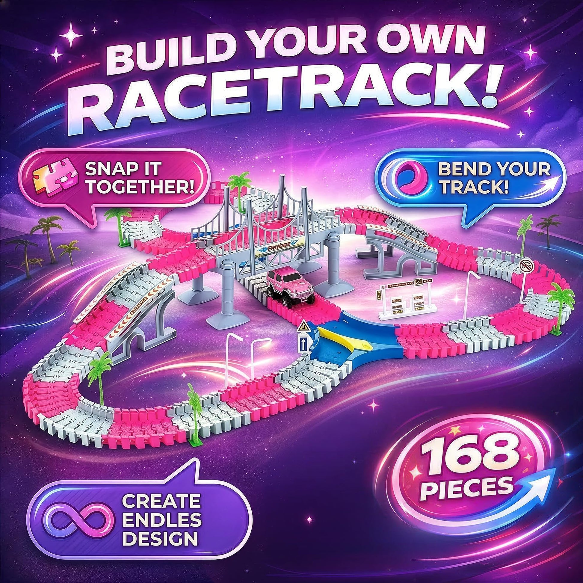 168 PCS Pink Magic Bendable Race Track Toy, Snap Together Create a Road Flexible Track Car Set for Toddlers, Kids, Boys, and Girls