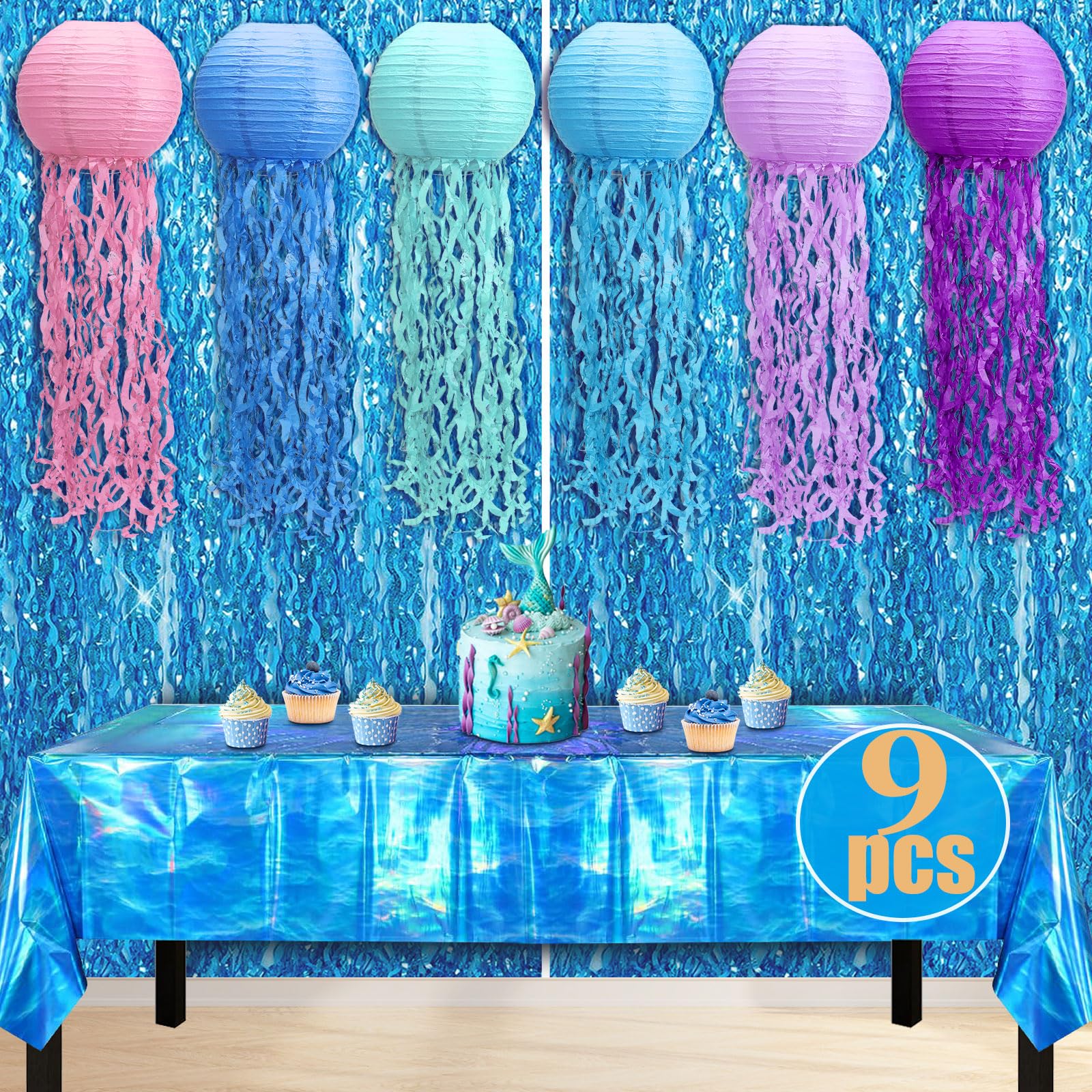 Fufuddz Under The Sea Party Decorations, Ocean Themed Party Decorations with Jellyfish Decor Blue Fringe Backdrop Tablecloth for Classroom Decor Beach