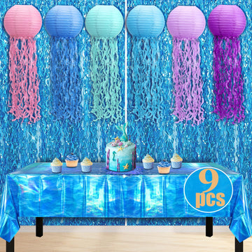 Fufuddz Under The Sea Party Decorations, Ocean Themed Party Decorations with Jellyfish Decor Blue Fringe Backdrop Tablecloth for Classroom Decor Beach