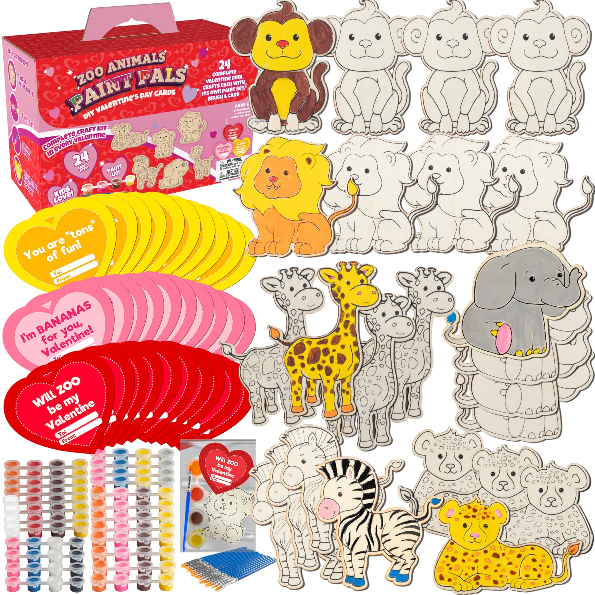 Zoo Animals Wood Painting Kits (24 ct) - Goodie Bag Party Favors for Kids Birthday Party & School Classroom Prizes - Each Craft Comes w Brush & Paints