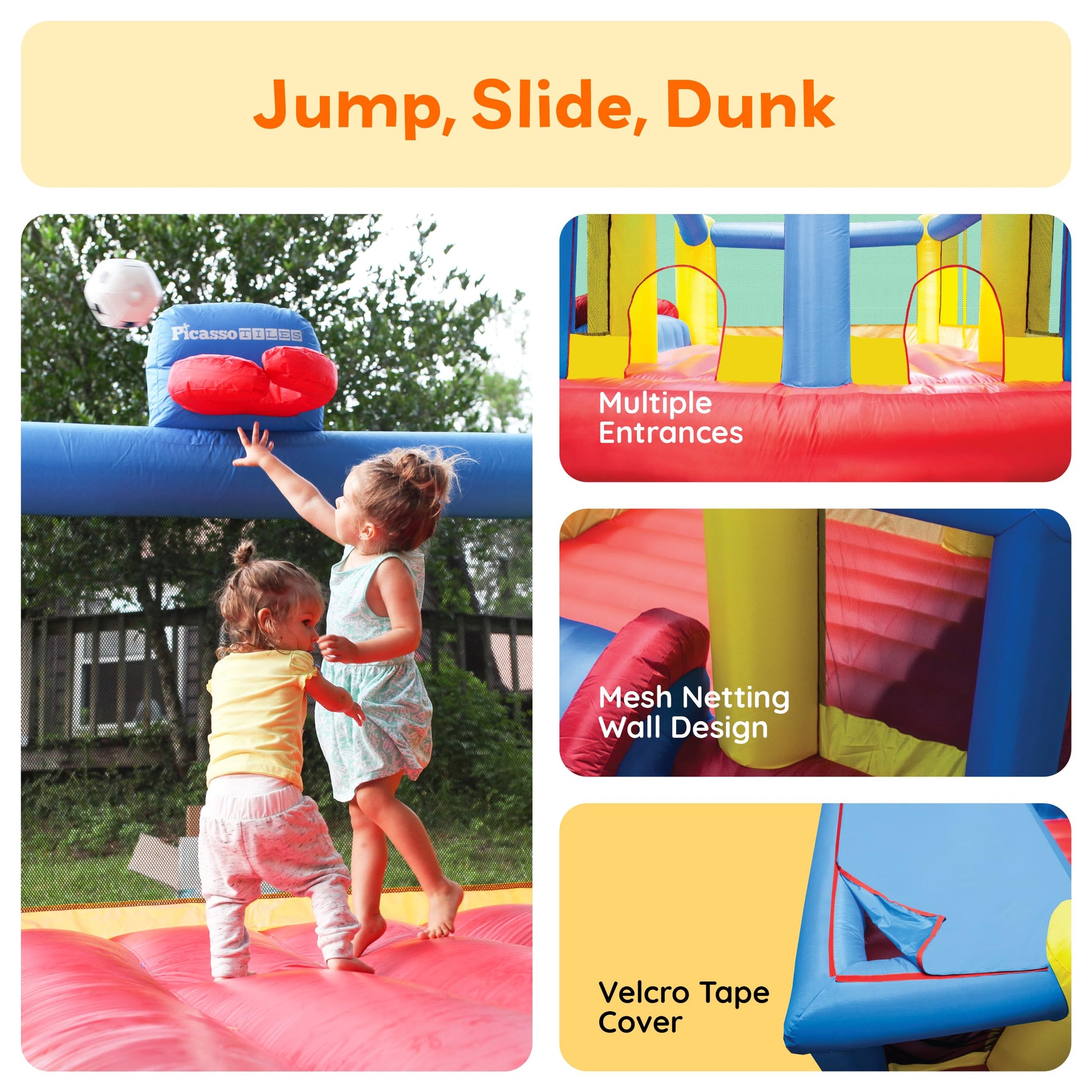 [Upgrade Version] PicassoTiles KC102 12x10 Foot Inflatable Bouncer Jumping Bouncing House, Jump Slide, Dunk Playhouse w/Basketball Rim, 4 Sports