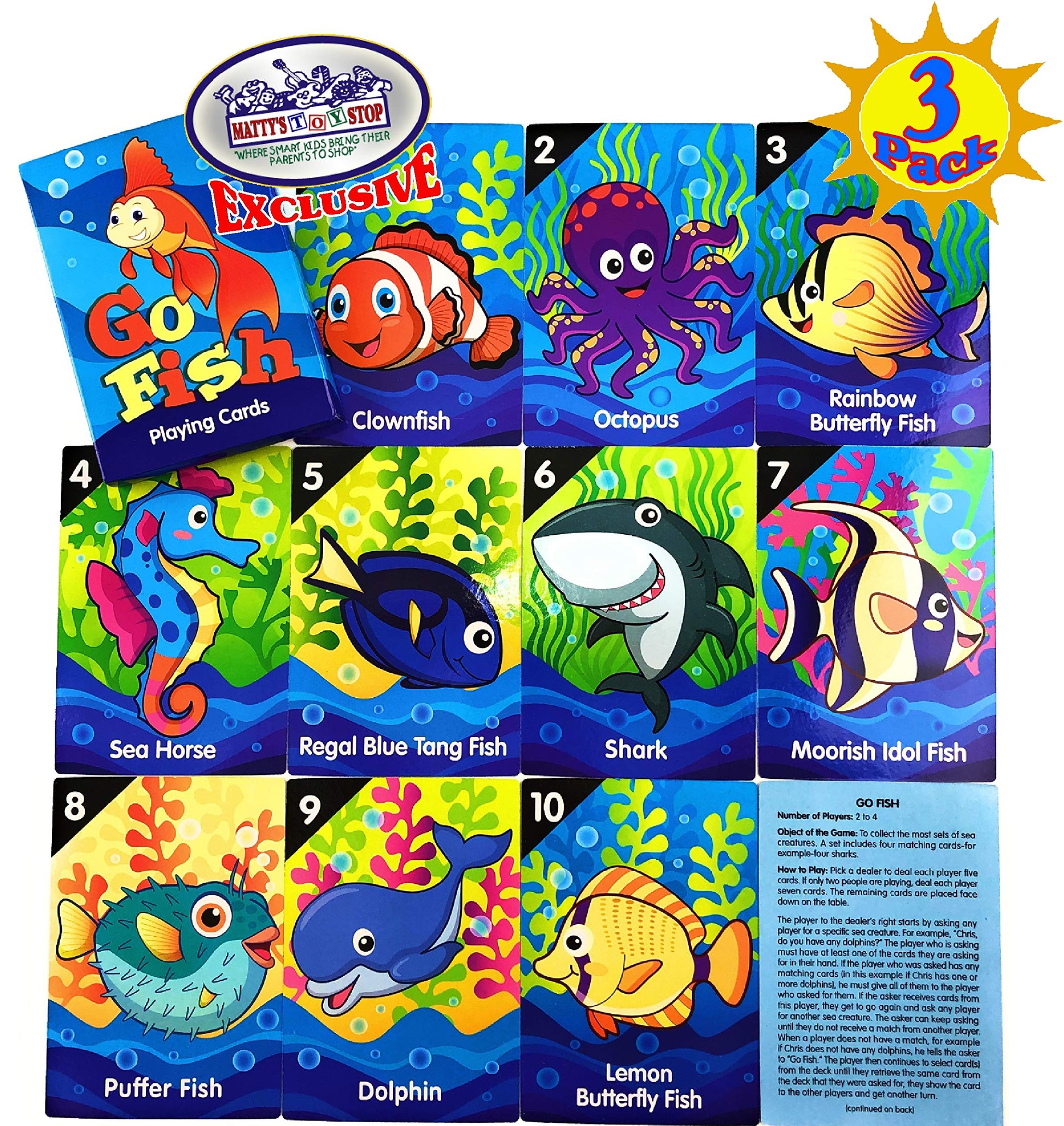 Matty's Toy Stop Deluxe Jumbo Classic Playing Card Games Set (6.75" x 4.75") Featuring Go Fish, Old Maid & Animal Rummy - 3 Pack