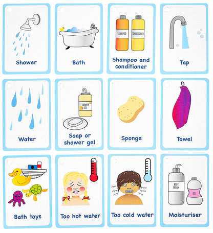 My Bath Time Routine Cards 12 PECS Flashcards for Visual aid Special Ed, Speech Delay Non Verbal Children and Adults with Autism or Special Needs