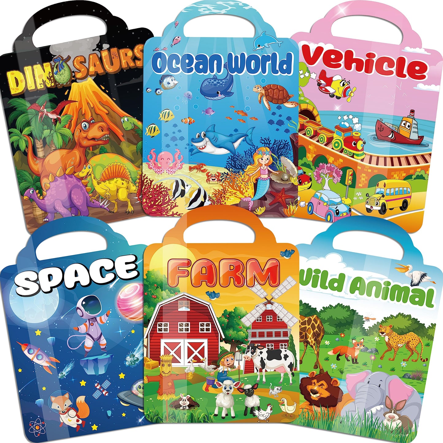 Kalysky 6Set Puffy Sticker Books for Kids 2-4, 3D Reusable Stickers Books for Toddlers 1-3 2-4,Farm+Animal+Dinosaurs+Ocean World+Space+Vehicle