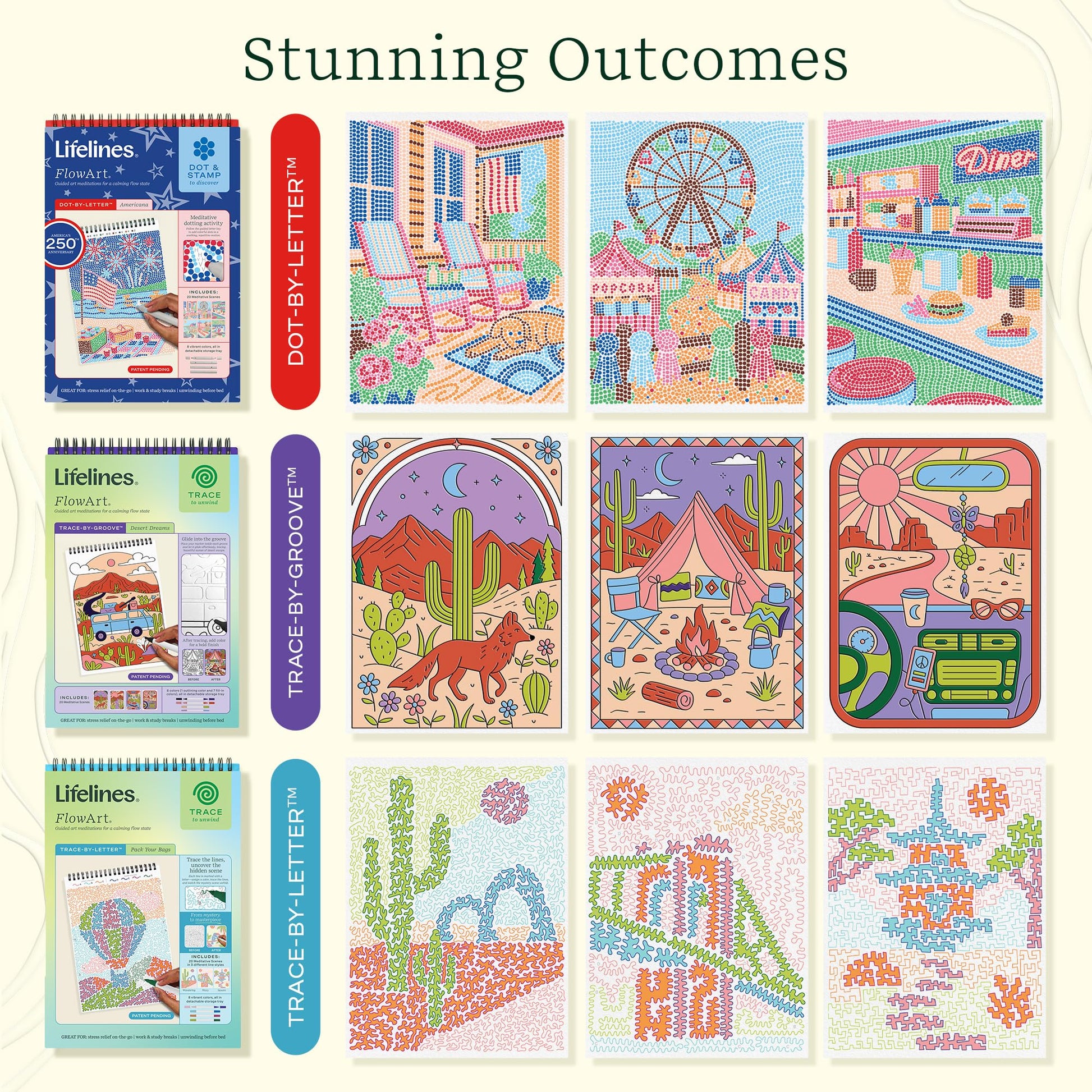 Lifelines FlowArt Activity Pads, 3-Pack - Guided Dot & Trace Art Meditations with Markers - 12 Double-Sided Markers & 60 Scenes - Color by Number