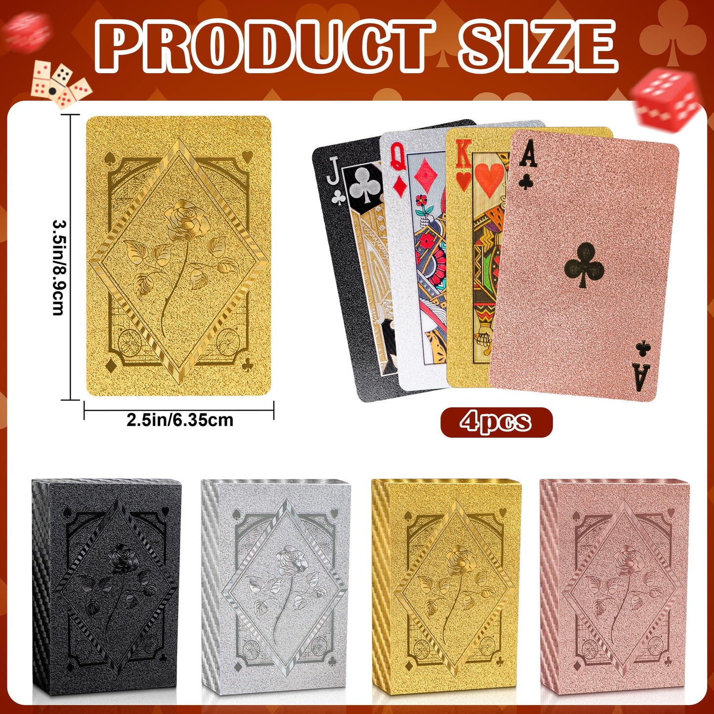 4 Pack Playing Cards, Waterproof Playing Cards, 4 Deck of Plastic Playing Card Bulk, Cool Foil Poker Card Standard Index Set for Beach Table Magic