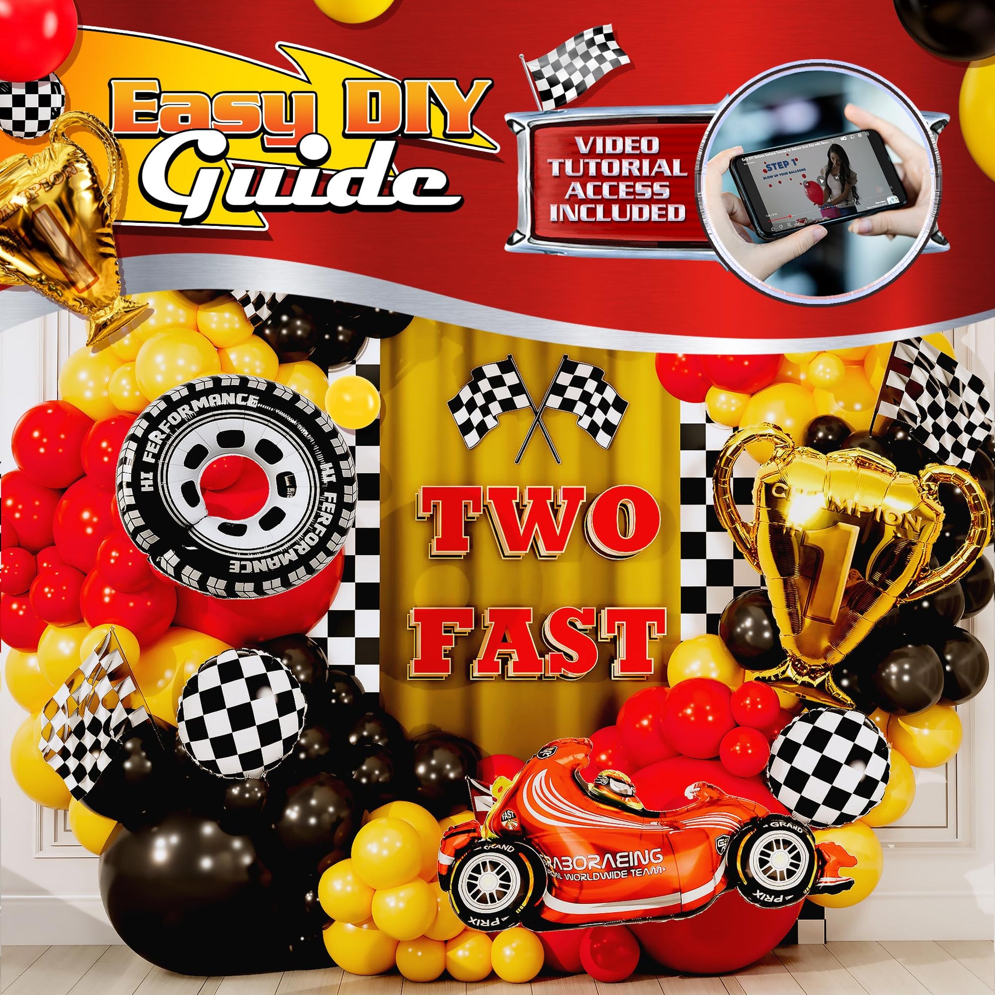 ALL-IN-1 Race Car Balloon Arch Kit & Garland with BONUS Trophy Foil Balloon - Red Black and Yellow Balloons for Race Car Birthday Party Supplies & Boy