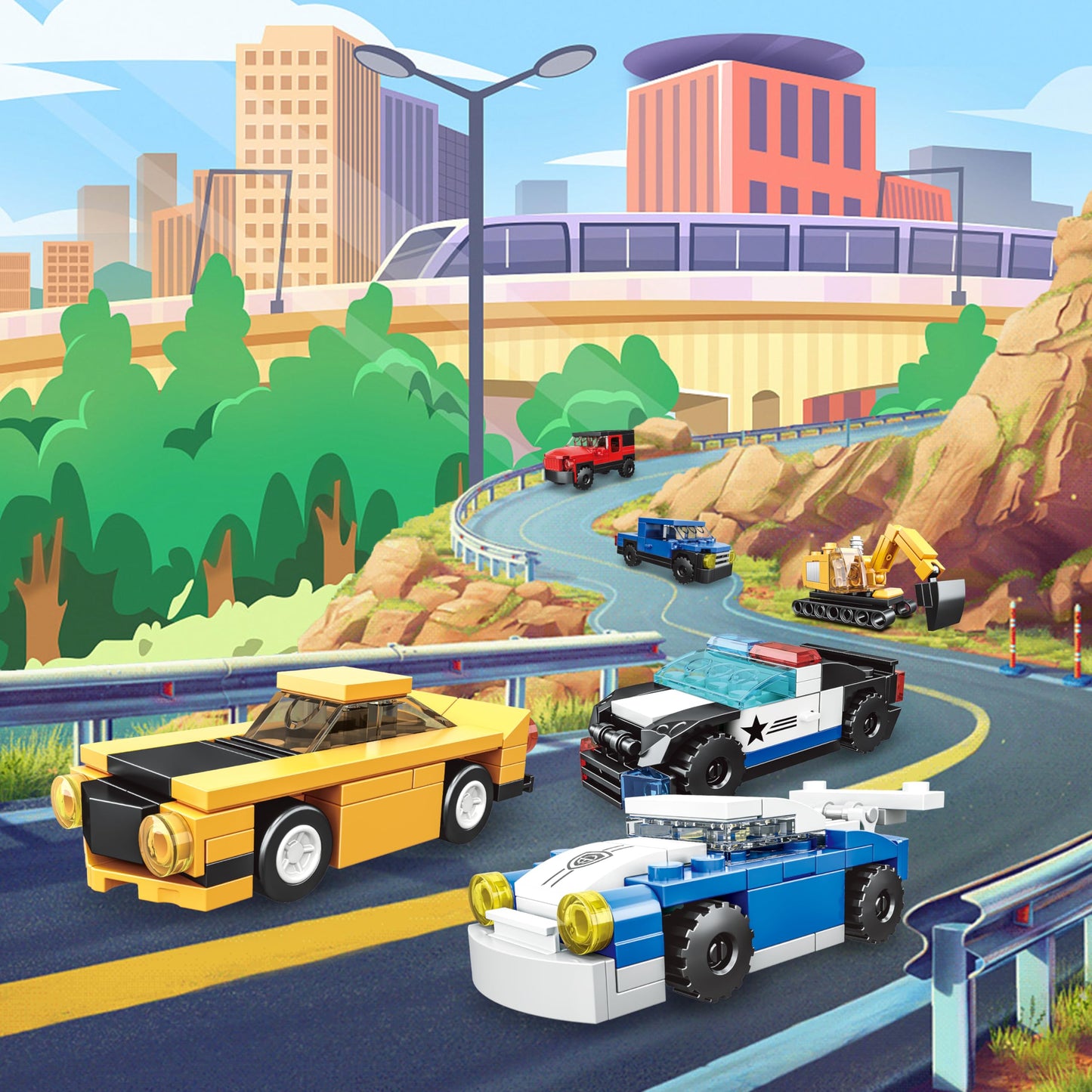 16 Pack Building Blocks Party Favors for Kids, Lego-Compatible 2 in 1 710pcs Building Kits Mini City Vehicles Include Police Car & Train, Christmas