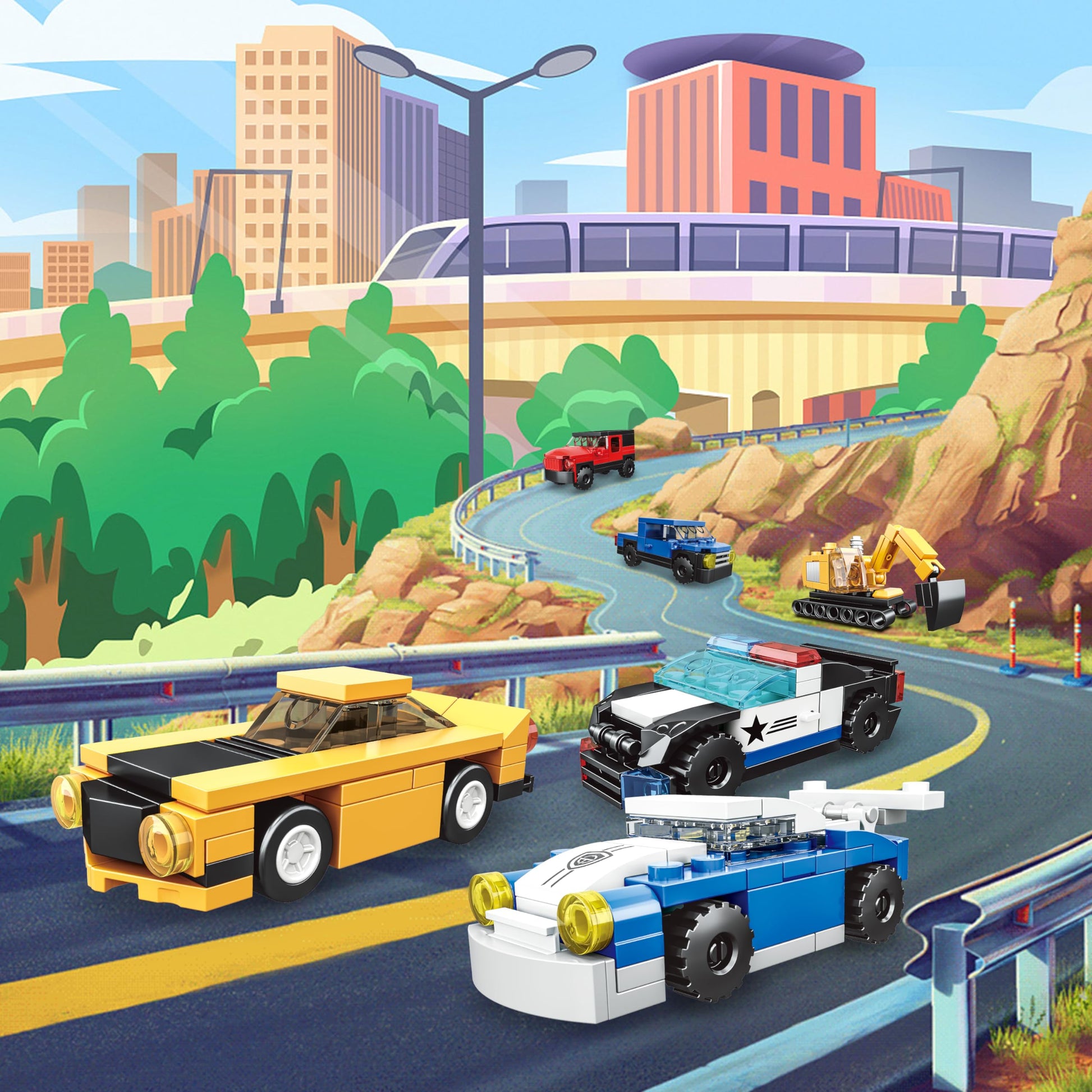 16 Pack Building Blocks Party Favors for Kids, Lego-Compatible 2 in 1 710pcs Building Kits Mini City Vehicles Include Police Car & Train, Christmas