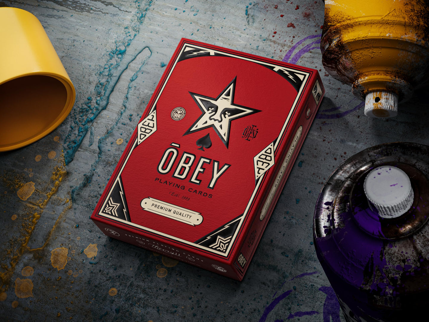 theory11 Red Obey Playing Cards - Shepard Fairey Street Art Poker Deck with Custom Faces, Foil Style Box, Magic, Cardistry, Game Night Gift for Art