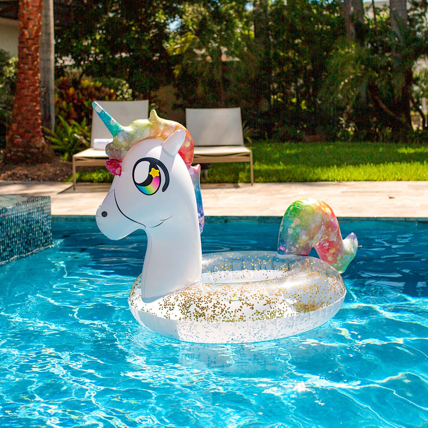 PoolCandy Inflatable 42" inch Animal Pool Tubes and Swim Rings (Rainbow Unicorn with Glitter Inflatable 42" inch Pool Tube)