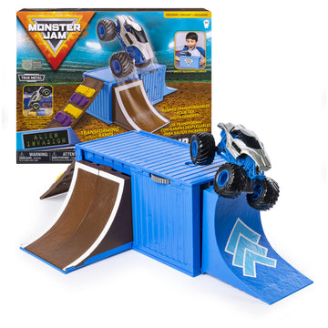 Monster Jam Ship It & Flip It Transforming Playset with 1:64 Die-Cast Truck, Multicolor