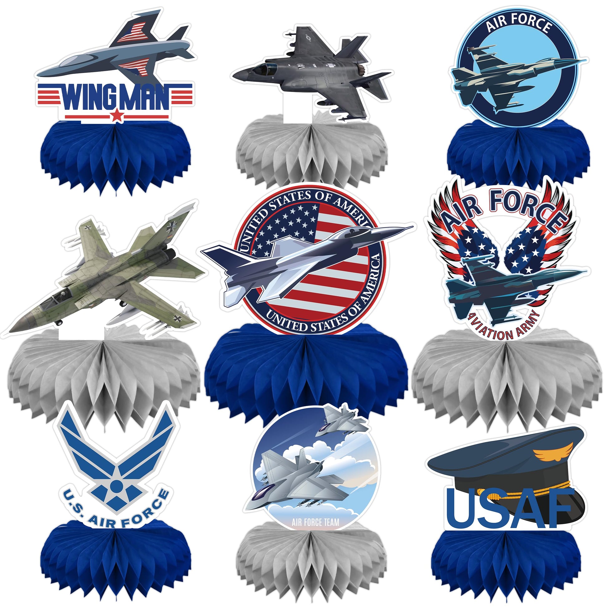 9Pcs Airplane Honeycomb Centerpieces, 3D Table Toppers, Double Sided Printed Aviation Fighter Theme Party Decorations, Birthday Party Baby Shower