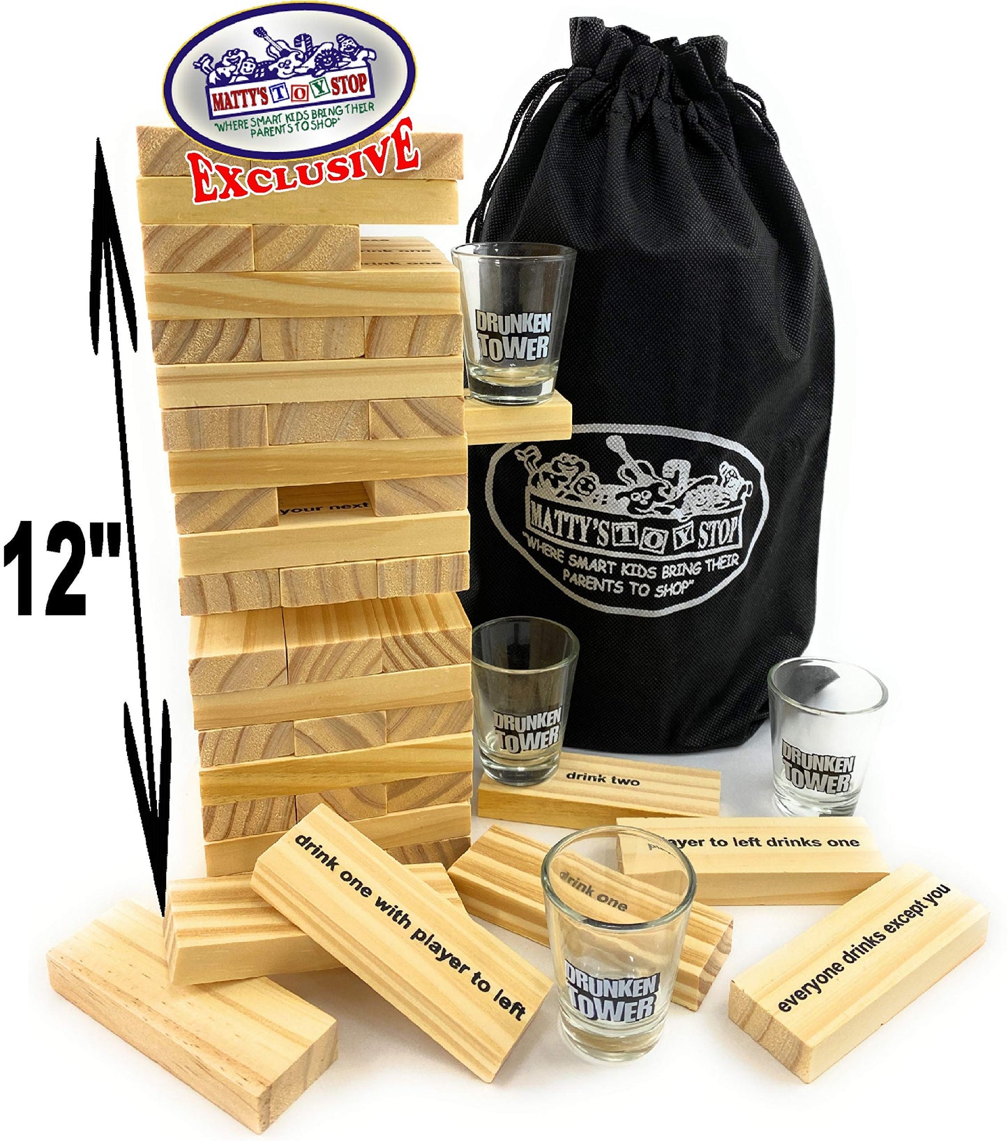 M?tty's Toy Stop Deluxe 60pc XL Wood Drunken Tower The Grab A Piece Drinking Game with Shot Glasses & Storage Bag