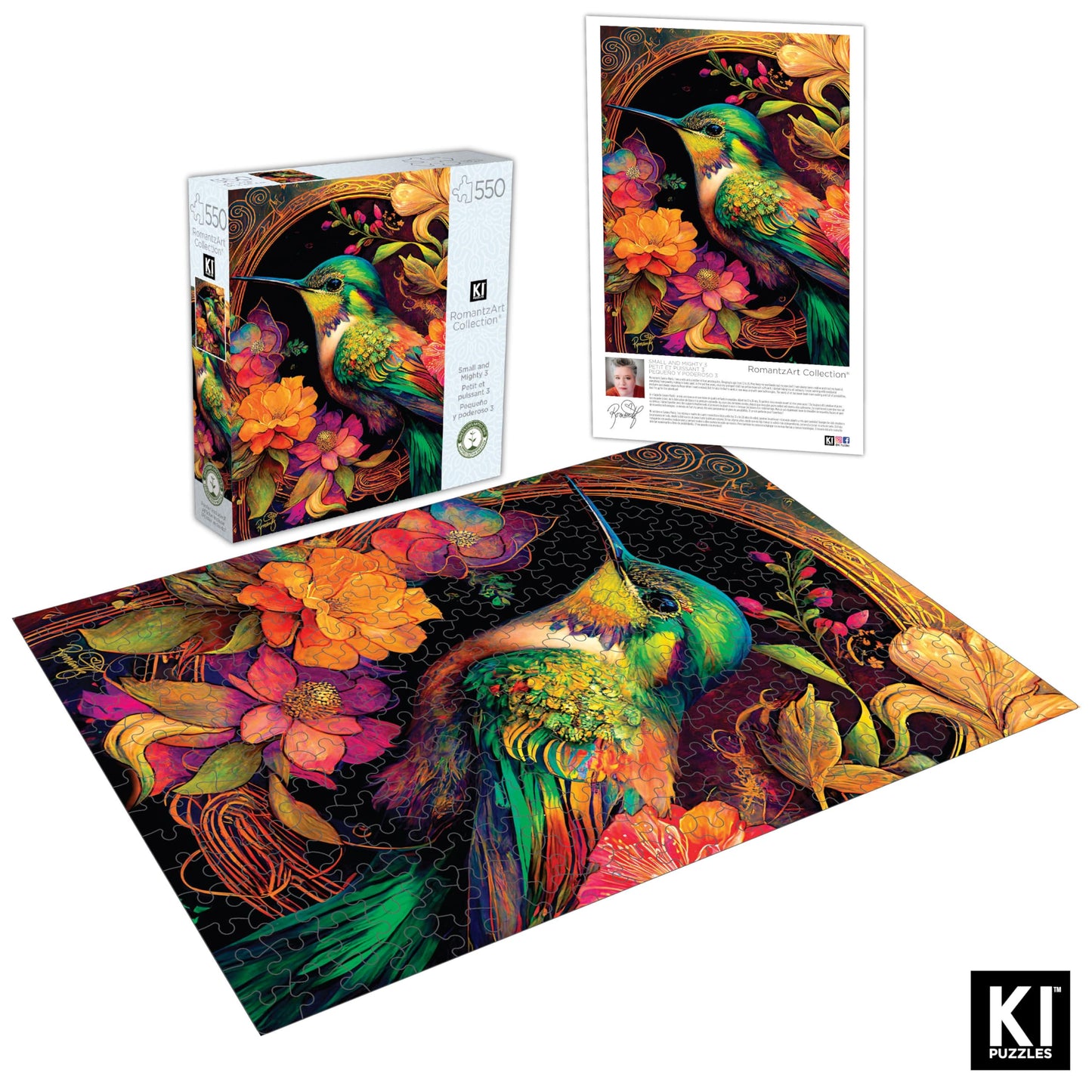 550 Piece Puzzle for Adults - Hard, Difficult, Challenging Jigsaw - RomantzArt Small and Mighty III - Whimsical Hummingbird - 24x18 Inches