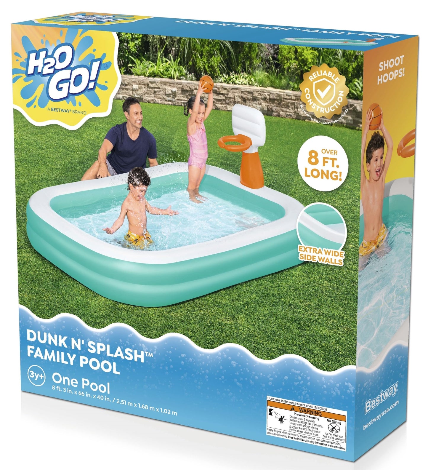 H2OGO! Inflatable Family Kiddie Pool, Dunk'n Splash 8'3" x 66" x 40" Outdoor Inflatable Swimming Pool with Basketball Hoop for Kids