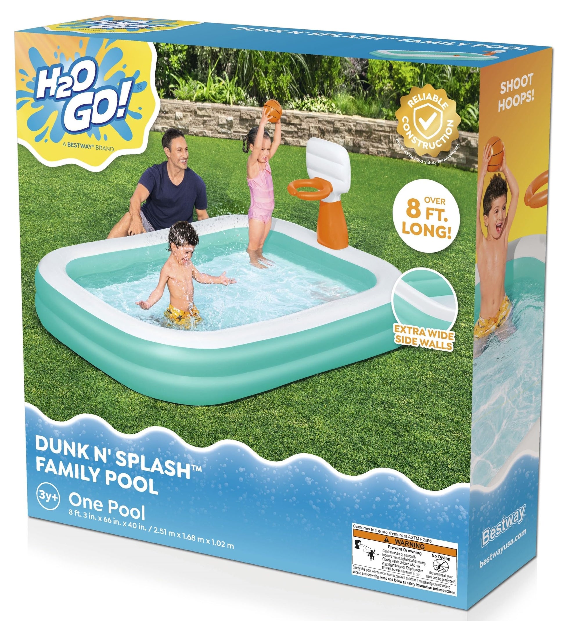 H2OGO! Inflatable Family Kiddie Pool, Dunk'n Splash 8'3" x 66" x 40" Outdoor Inflatable Swimming Pool with Basketball Hoop for Kids