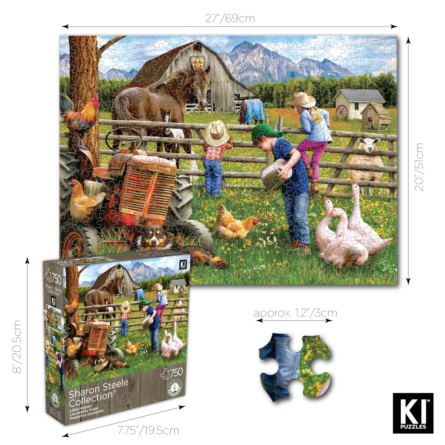 Little Helpers 750 Piece Jigsaw Puzzle for Adults by Sharon Steele - 27x20 Inch Whimsical Country Farm Scene from KI Puzzles - Challenging, Hard