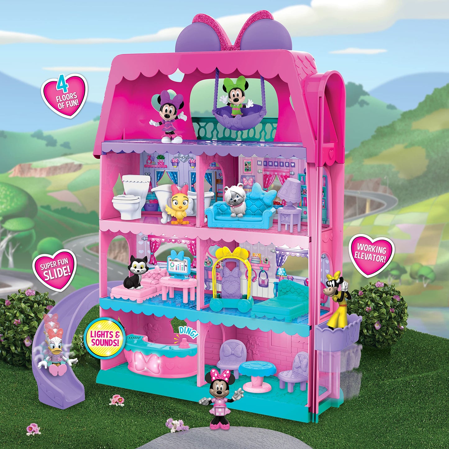Minnie Mouse Bow-Tel Hotel, 20-piece Figure and Playset, 2-Sided Play with Lights, Sounds, and Elevator, Officially Licensed Kids Toys for Ages 3 Up