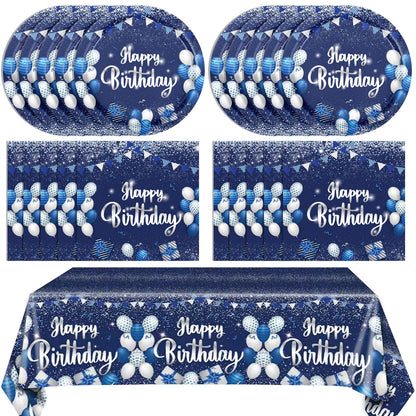 Navy Blue and Sliver Birthday Decorations Happy Birthday Party Tableware Set Happy Birthday Tablecloths and Plates Napkins Party Dinnerware for Men