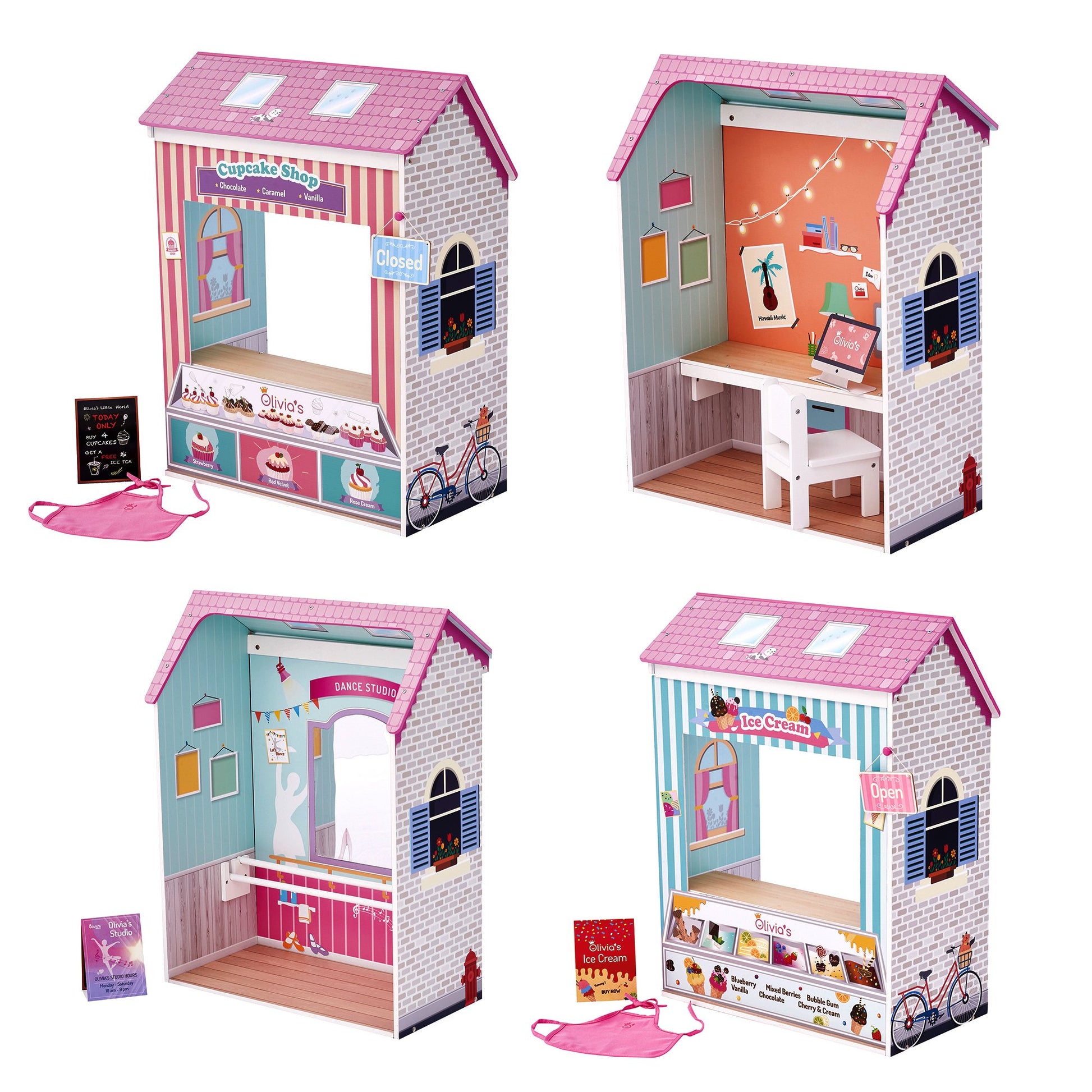 Olivia's Little World 18" Doll 4 Scenes Dollhouse with 7 Accessories | Convertible Wooden Play House | TD-12641C