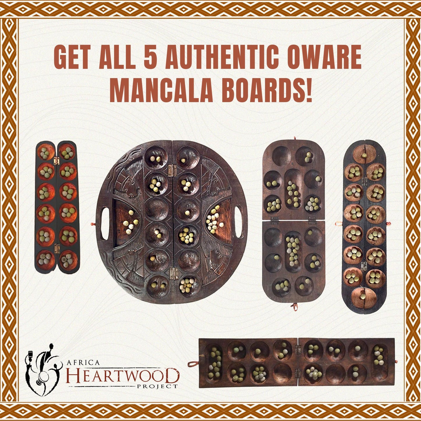 Africa Heartwood Project African Oware Mancala Board - Extended Size, Hand-Carved Solid Wood with Elephant Design, Wooden Folding Mancala 21" Board