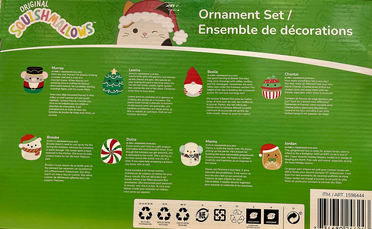 Holiday Ornament Set, 8 Pack, 4 in - Soft and Squishy Stuffed Animal Toys w/ 2 Bonus Stickers (Classic Collection)