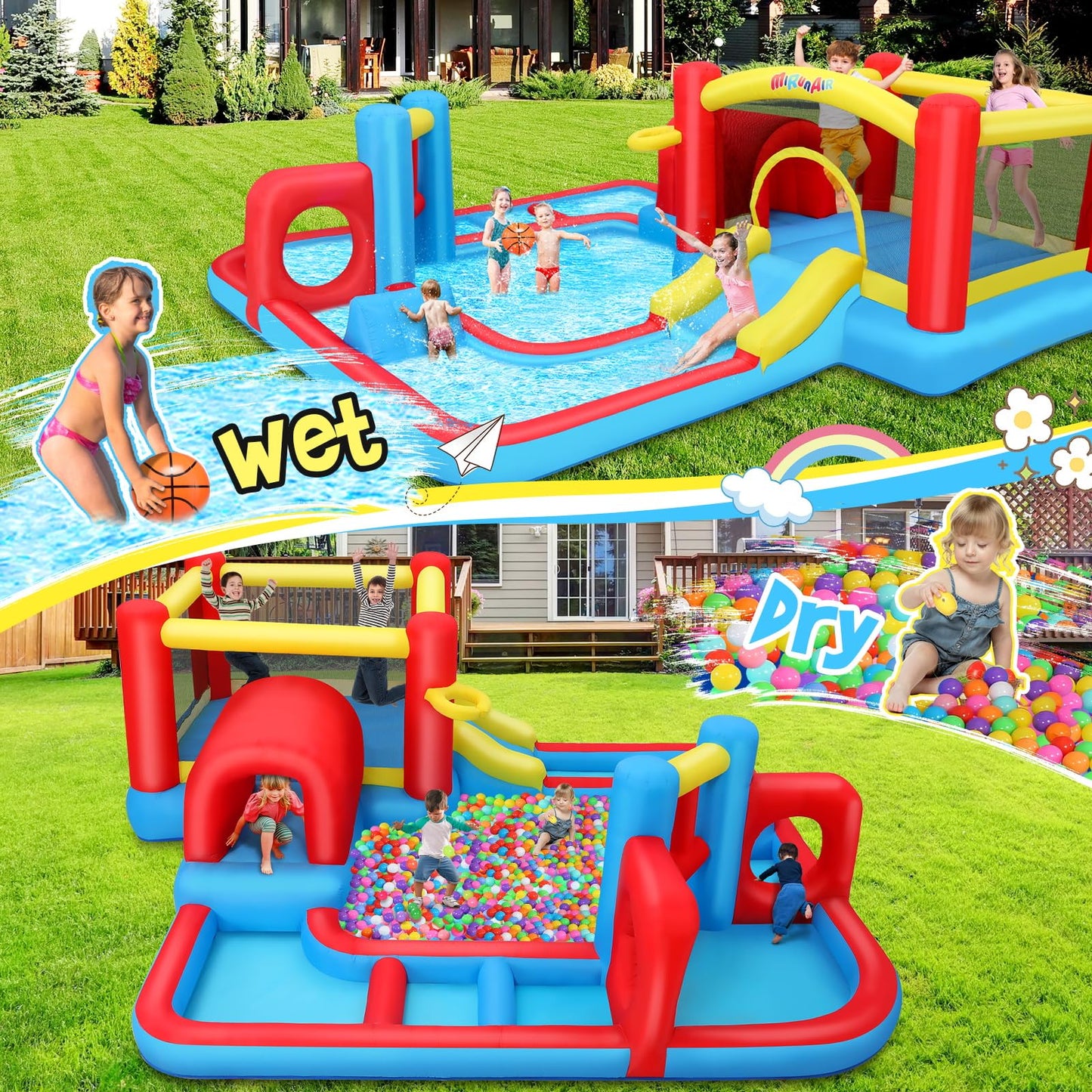 AKEYDIY Inflatable Water Slide Bounce House for Big Kids 3-12, Obstacle Course with Tunnel & Slide, Large Splash Pool, Water Cannon, Blow Up Water