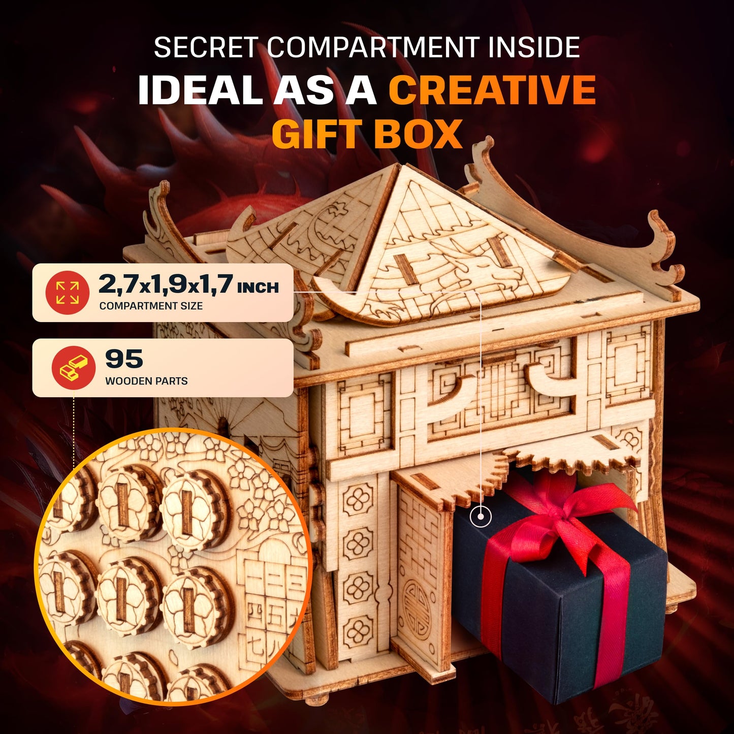 ESC WELT House of Dragon Puzzle Box - 3D Escape Game Money Box - Brain Teaser Puzzle for Adults & Teens - Wooden Escape Room - Mind Puzzle Game